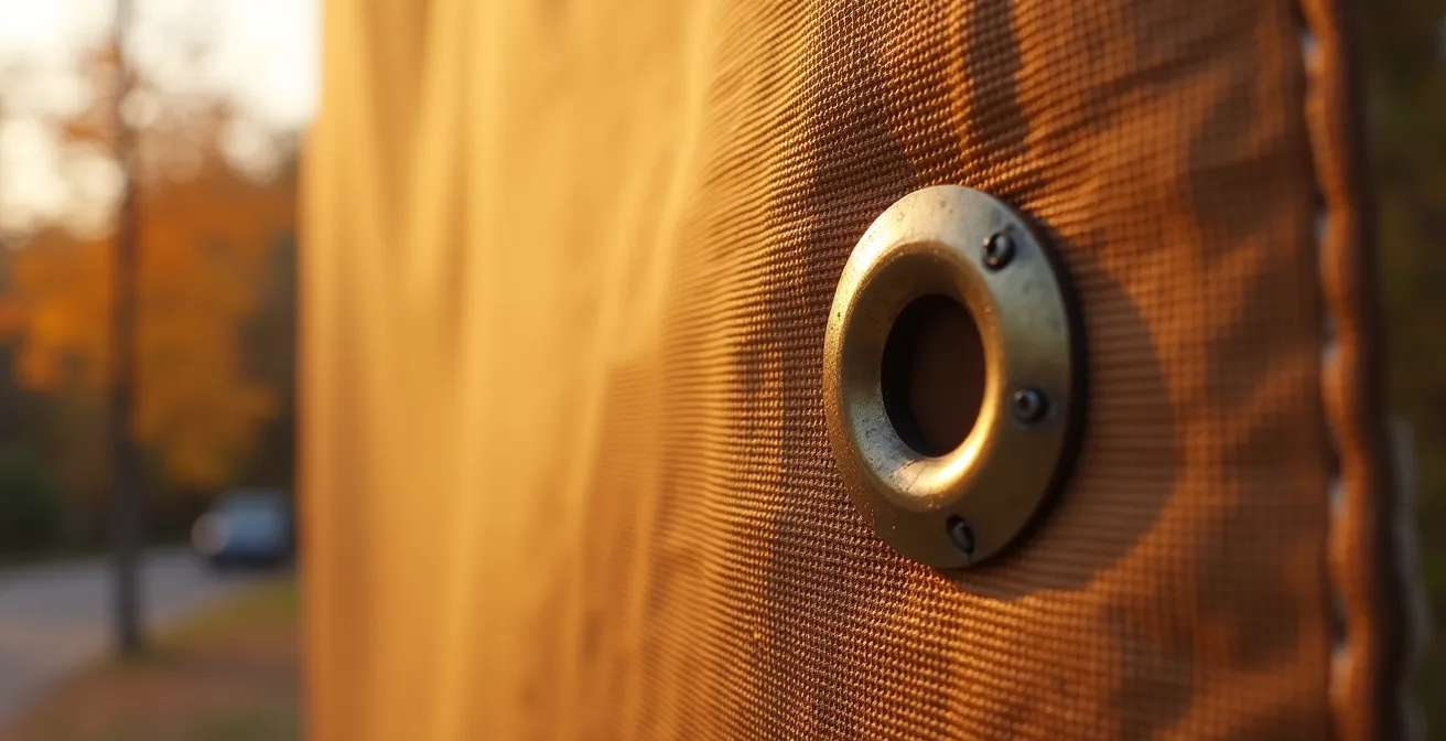 Installation professionnelle d'une bannière renforcée avec œillets en laiton sur structure métallique