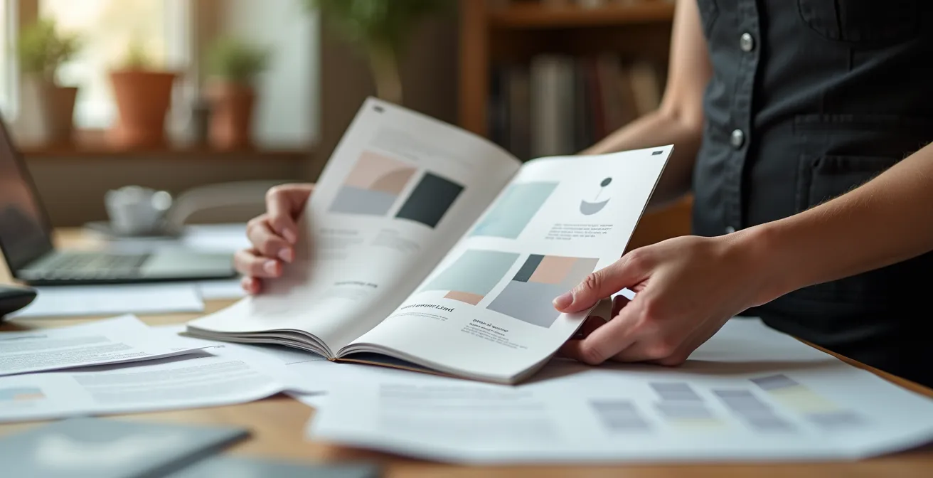 Vue de dessus d'une brochure carrée ouverte montrant une mise en page minimaliste avec des espaces blancs généreux