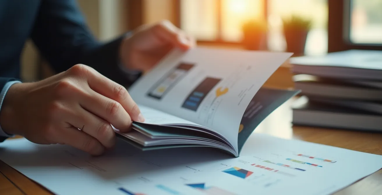 Brochure commerciale professionnelle ouverte sur bureau avec stylo et café