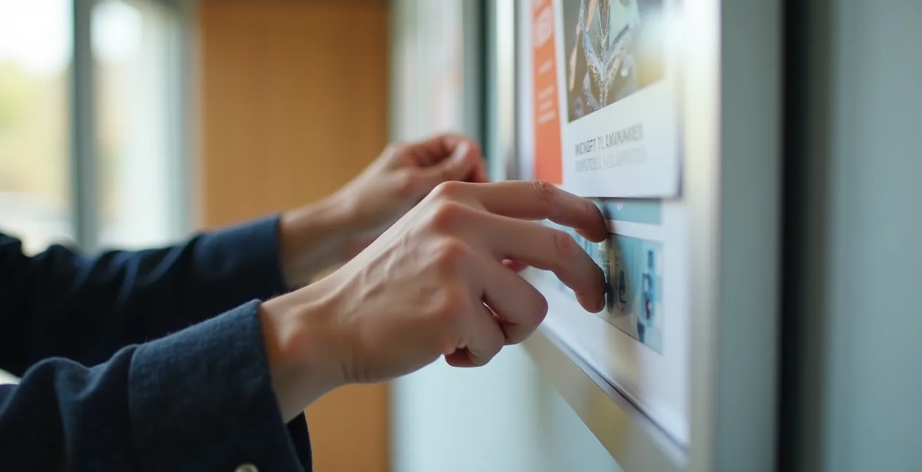 Vue rapprochée d'une main ouvrant un cadre à clapet pour changer une affiche dans un bureau