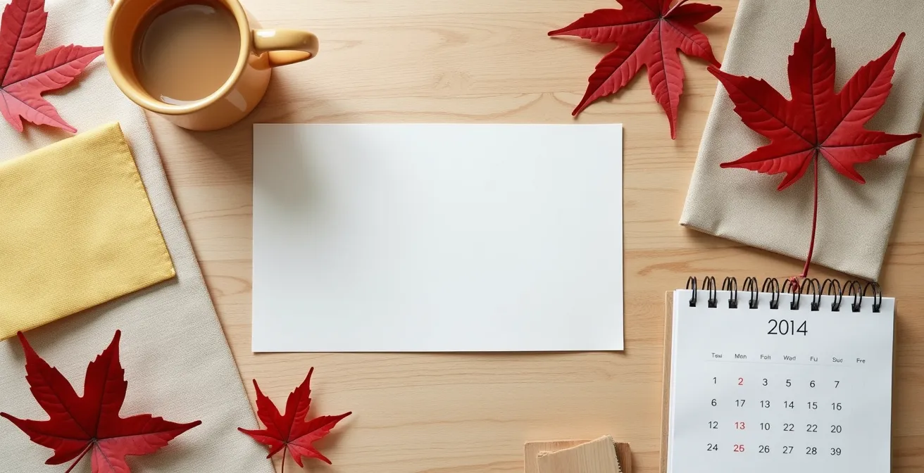 Bureau minimaliste avec calendrier marqué et échantillons de tissus pour sacs réutilisables