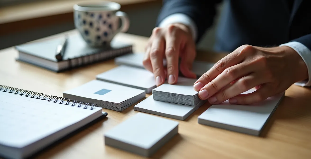 Vue d'ensemble d'un bureau avec calendrier et cartes d'affaires pour planification stratégique