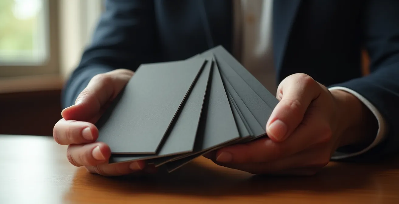 Vue latérale comparative de différentes épaisseurs de cartons d'affaires empilés, du 14pt au 32pt, montrant la progression visuelle du prestige