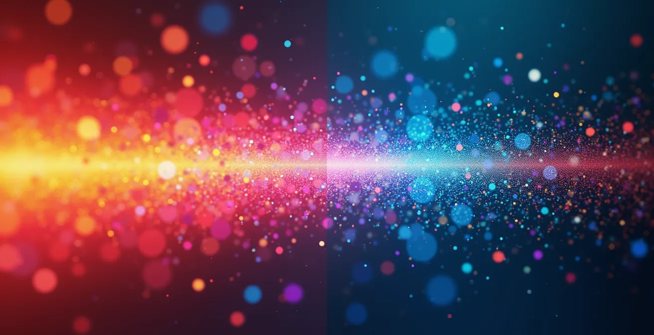 Comparaison visuelle entre l'espace colorimétrique RVB d'un écran et CMJN d'une impression avec échantillons de couleur