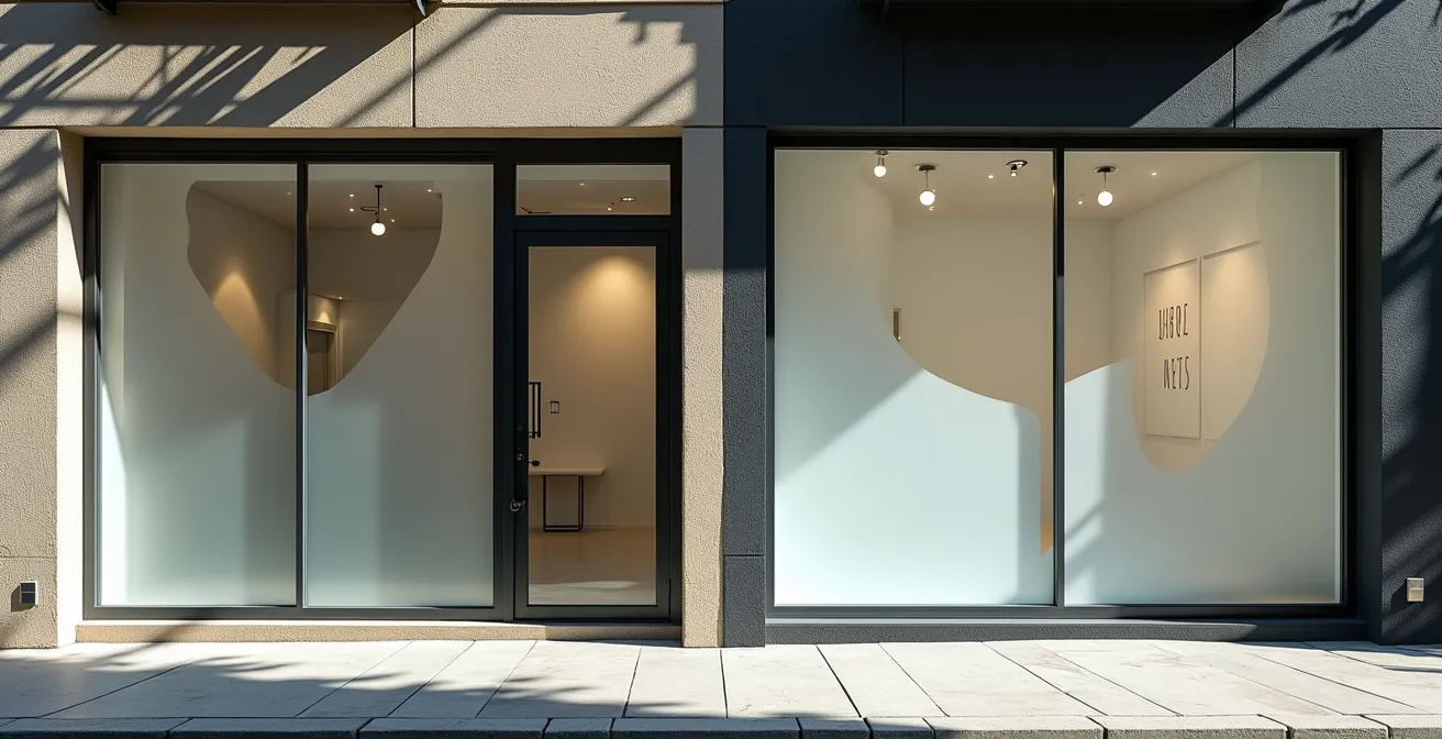 Vue comparative de deux vitrines commerciales montrant la différence entre lettrage découpé et impression pleine