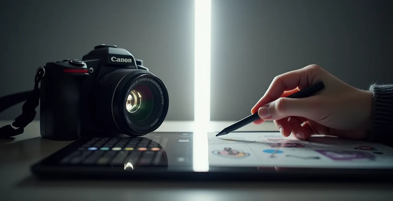 Comparaison visuelle entre photographie authentique québécoise et illustration vectorielle moderne