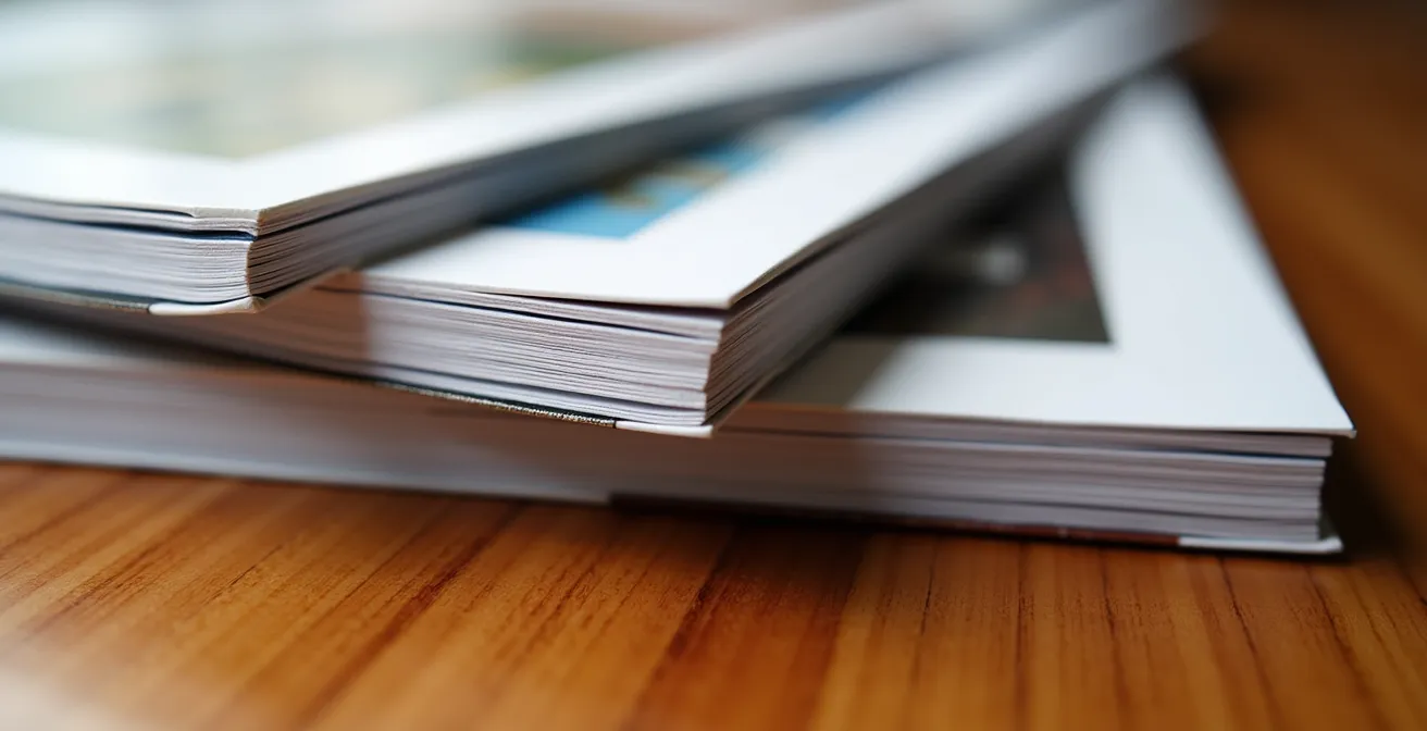 Vue détaillée de trois types de reliures professionnelles pour rapports annuels posées sur une table en bois