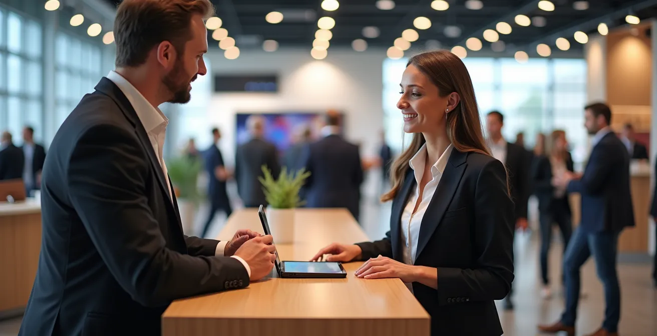 Comptoir d'accueil convertible avec rangements intégrés dans un environnement de salon professionnel
