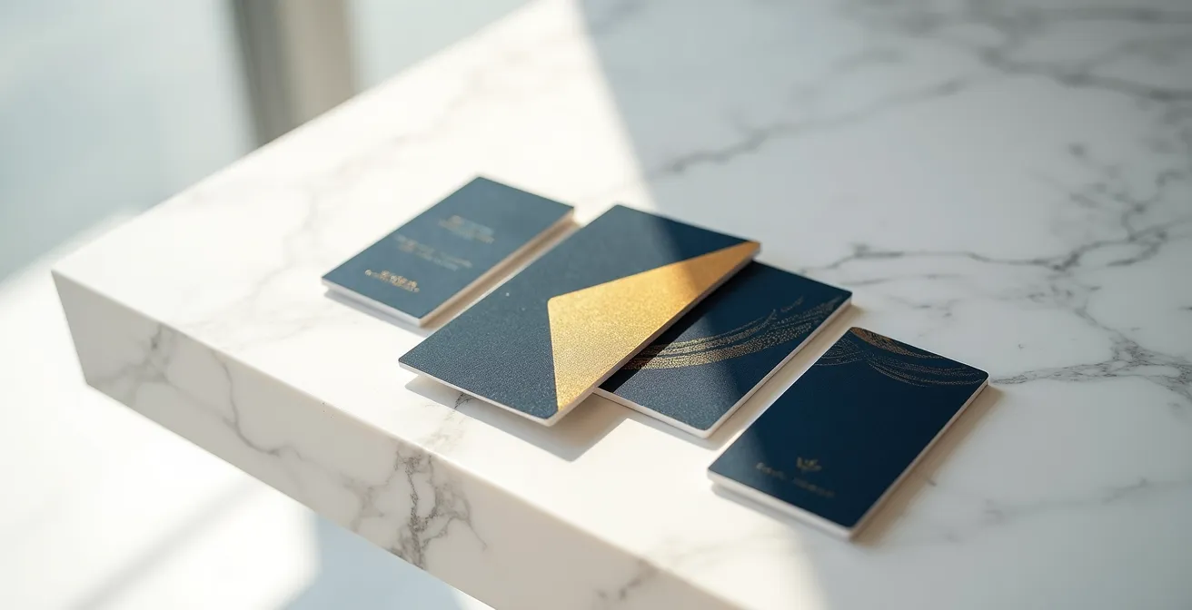 Carte d'affaires haut de gamme photographiée en angle oblique montrant le contraste entre surface mate veloutée et zones vernies brillantes