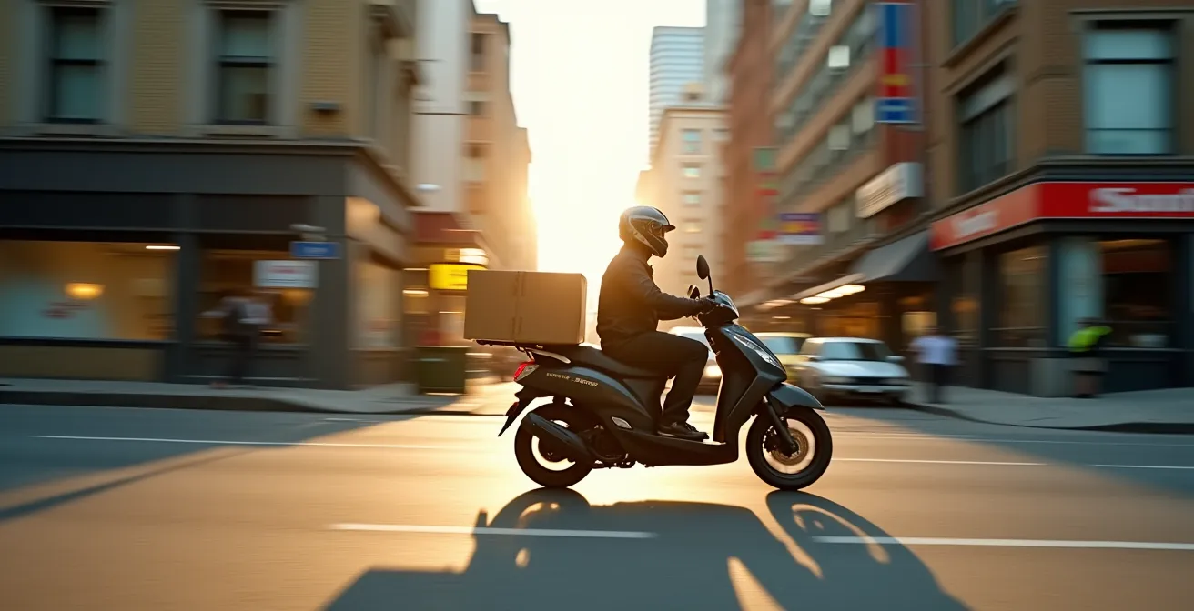 Coursier à moto traversant le centre-ville de Montréal avec boîte de livraison