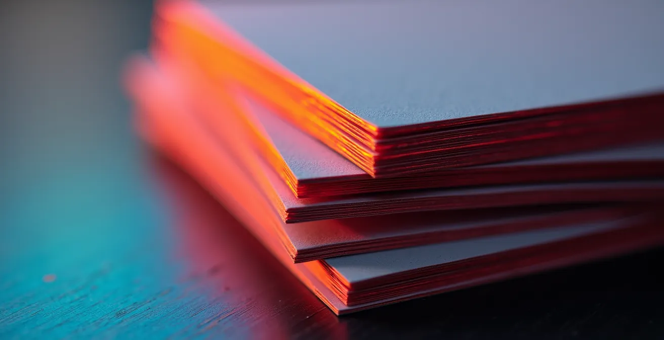 Vue macro extrême d'une tranche de carte colorée avec texture visible du papier épais