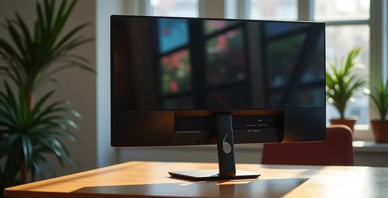 Vue de trois quarts arrière d'un ordinateur avec reflets colorés sur l'écran éteint