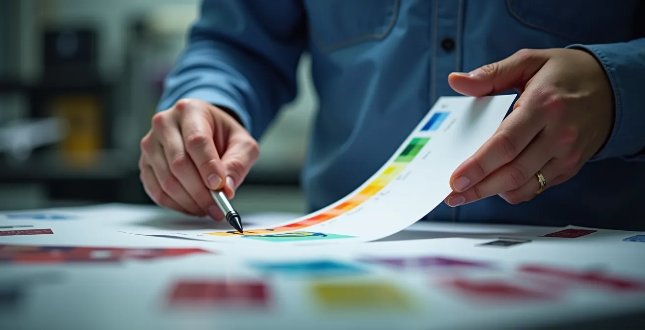 Professionnel examinant une épreuve couleur calibrée avec des outils de mesure dans un environnement contrôlé