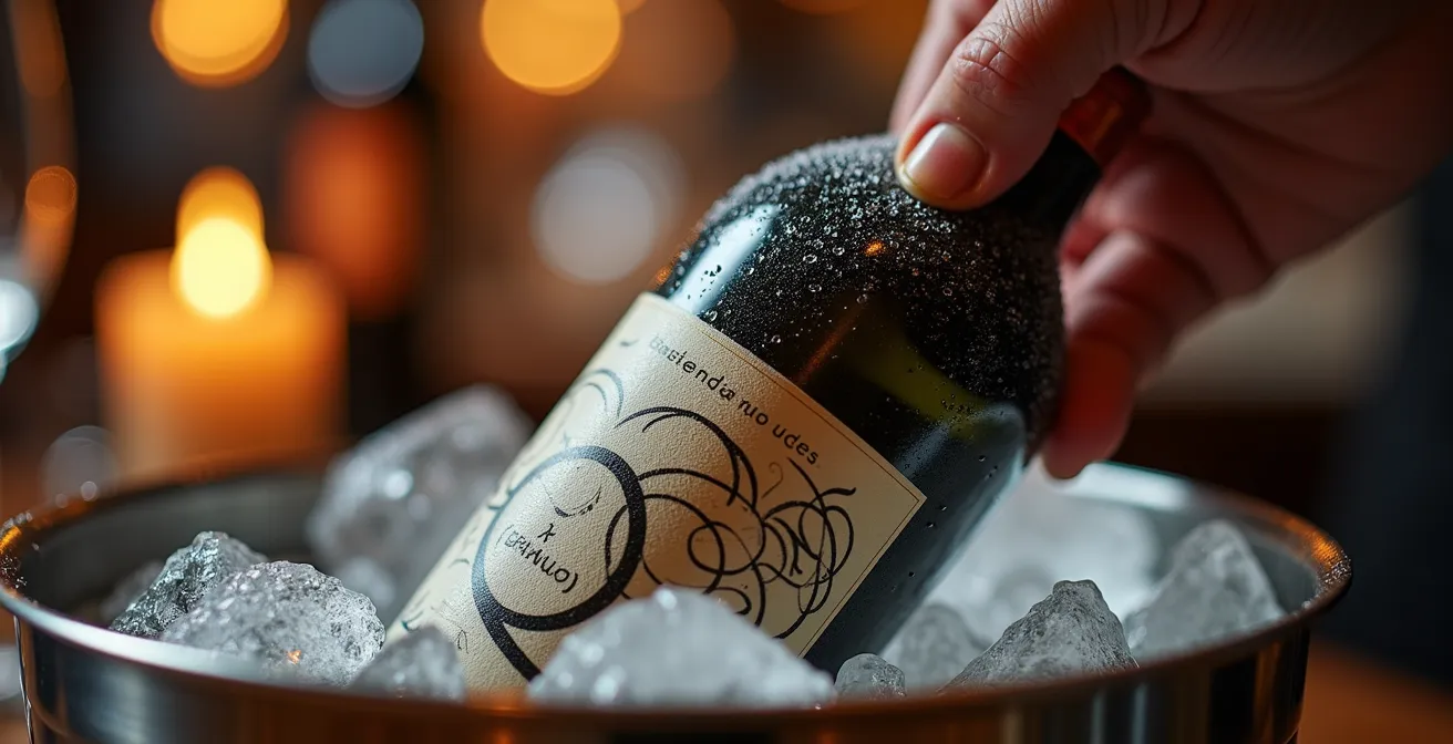 Bouteille de cidre de glace québécois dans un seau à glace avec condensation visible, montrant la résistance de l'étiquette BOPP