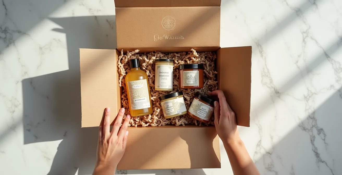 Vue plongeante d'une boîte cadeau ouverte révélant des produits artisanaux avec emballage éco-responsable