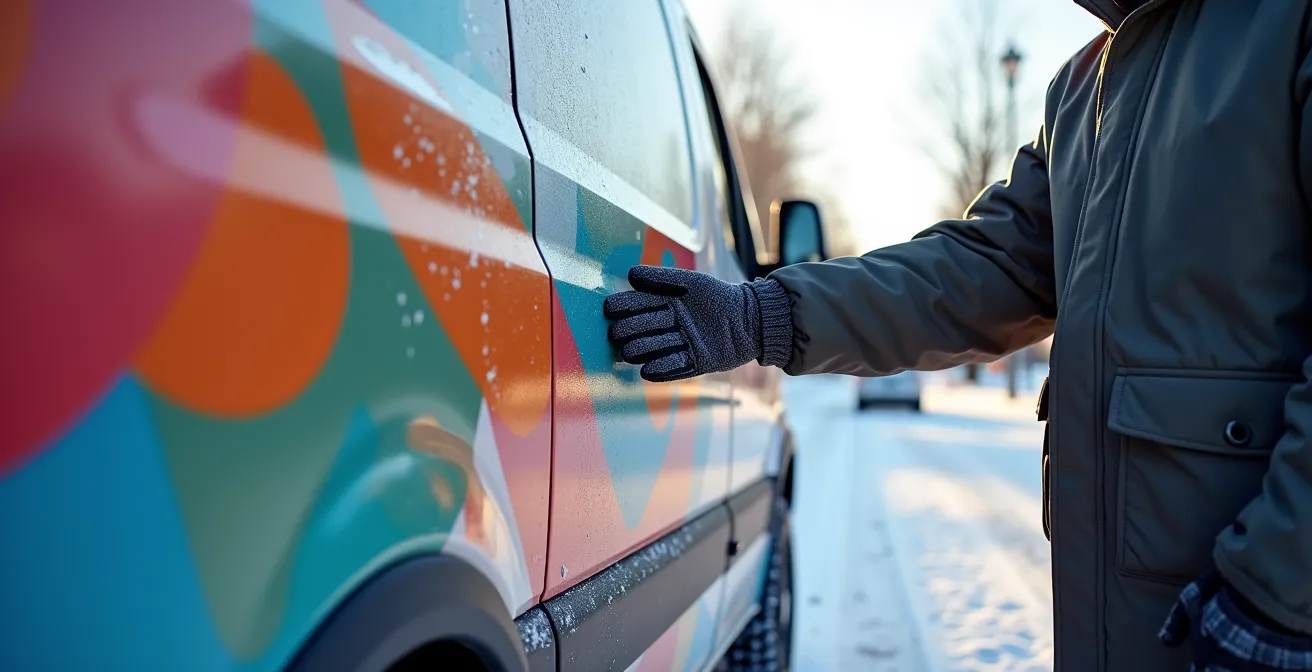 Véhicule commercial avec habillage UV résistant aux conditions hivernales québécoises