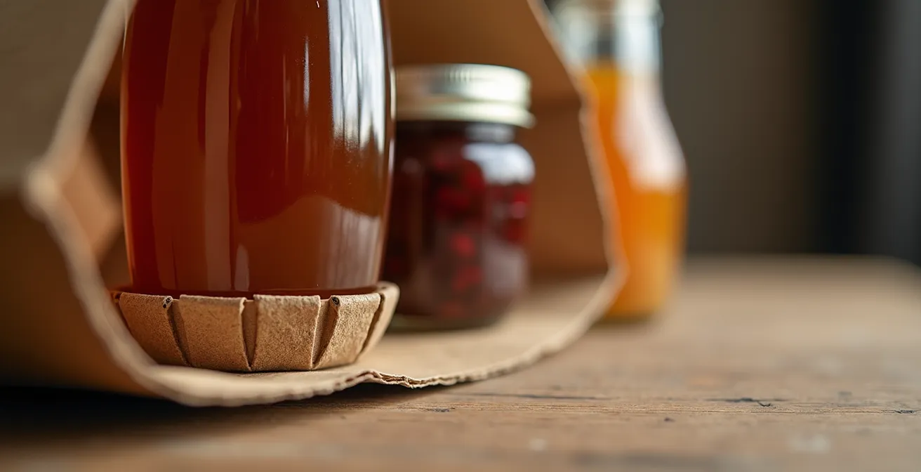 Gros plan sur le fond renforcé d'un sac kraft contenant des produits du terroir québécois