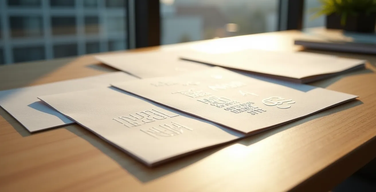 Gros plan sur un logo en relief créé par gaufrage sur papier texturé premium