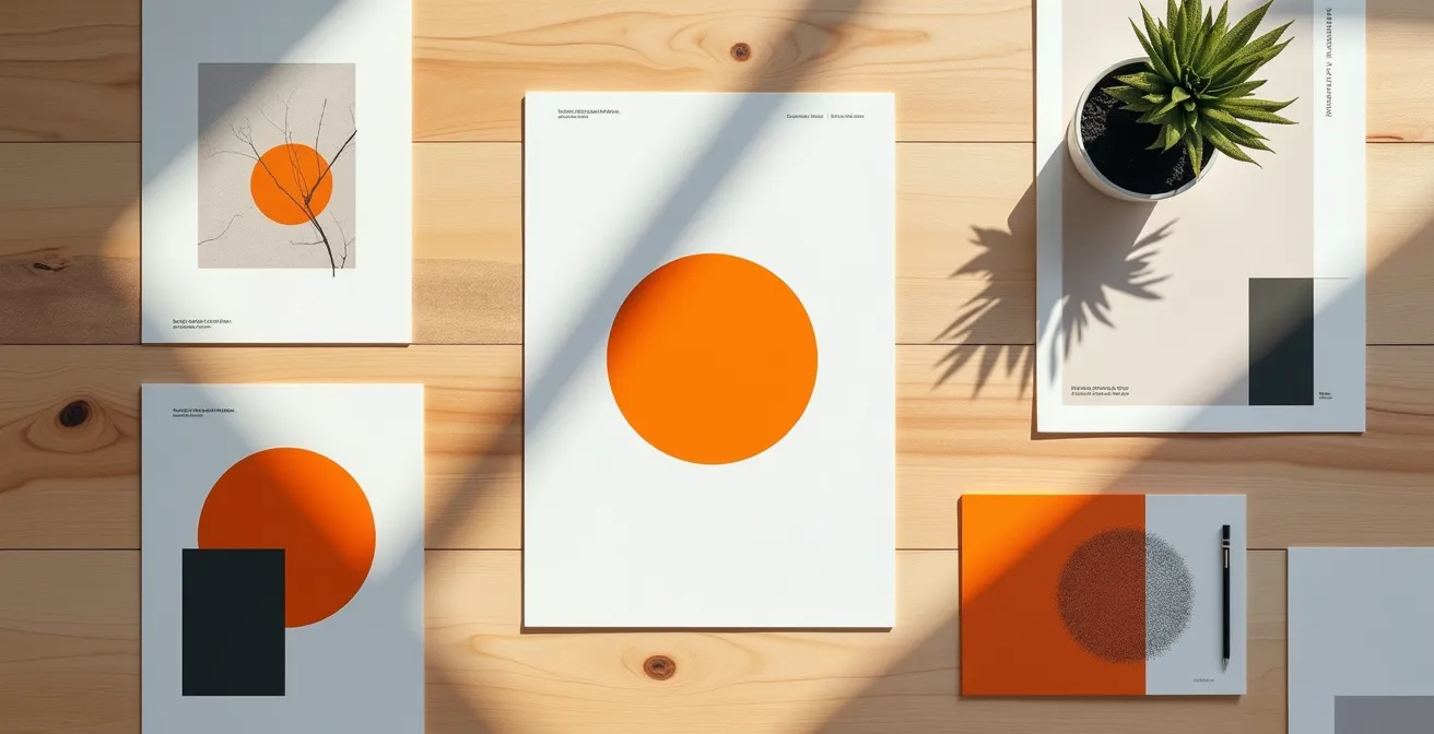 Composition créative montrant des éléments visuels guidant le regard vers un point focal central sur un dépliant