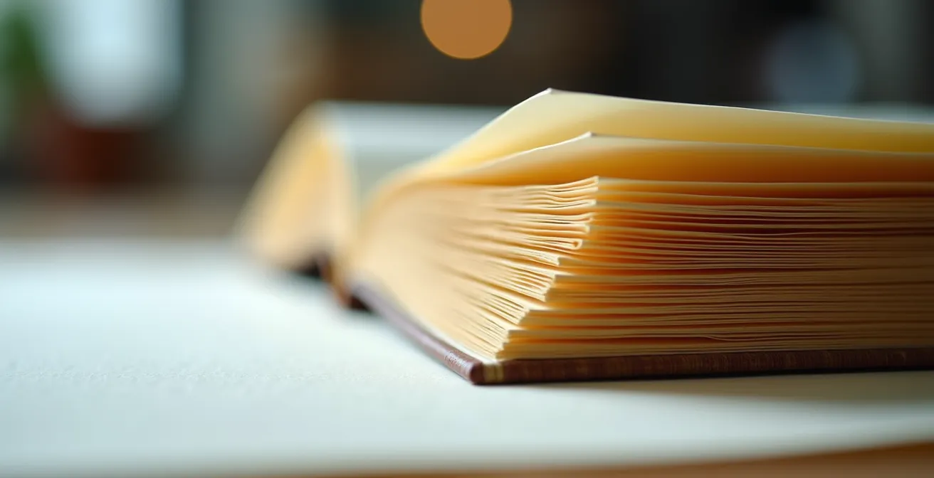 Vue macro d'un cahier de livre plié montrant l'imposition des pages avec une mise au point artistique