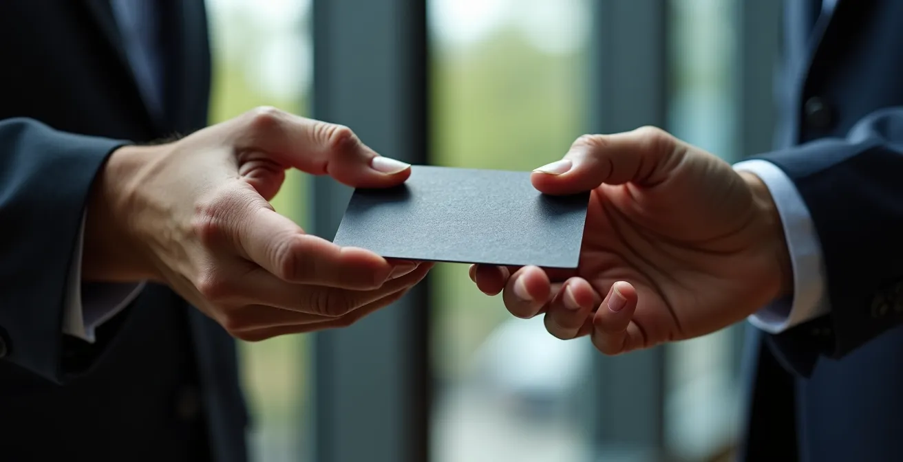 Gros plan sur deux mains échangeant une carte d'affaires de haute qualité avec finition texturée visible
