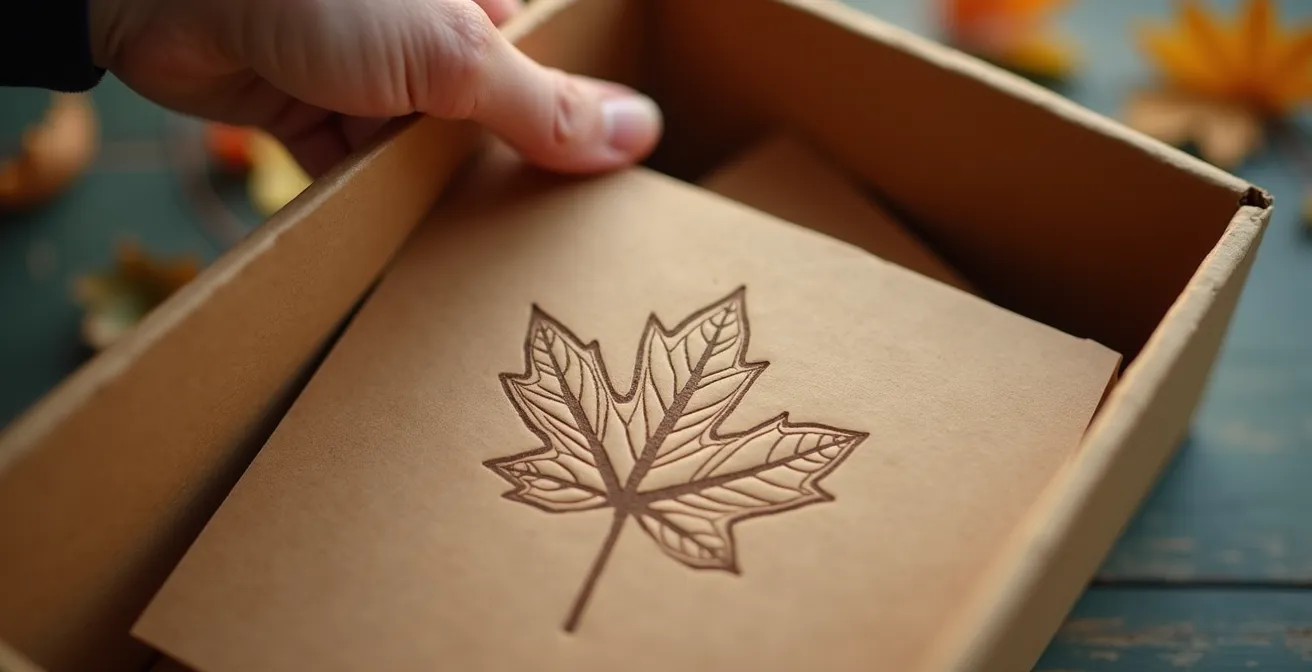 Gros plan sur l'intérieur d'une boîte en carton avec message de remerciement imprimé et carte stylisée du Québec