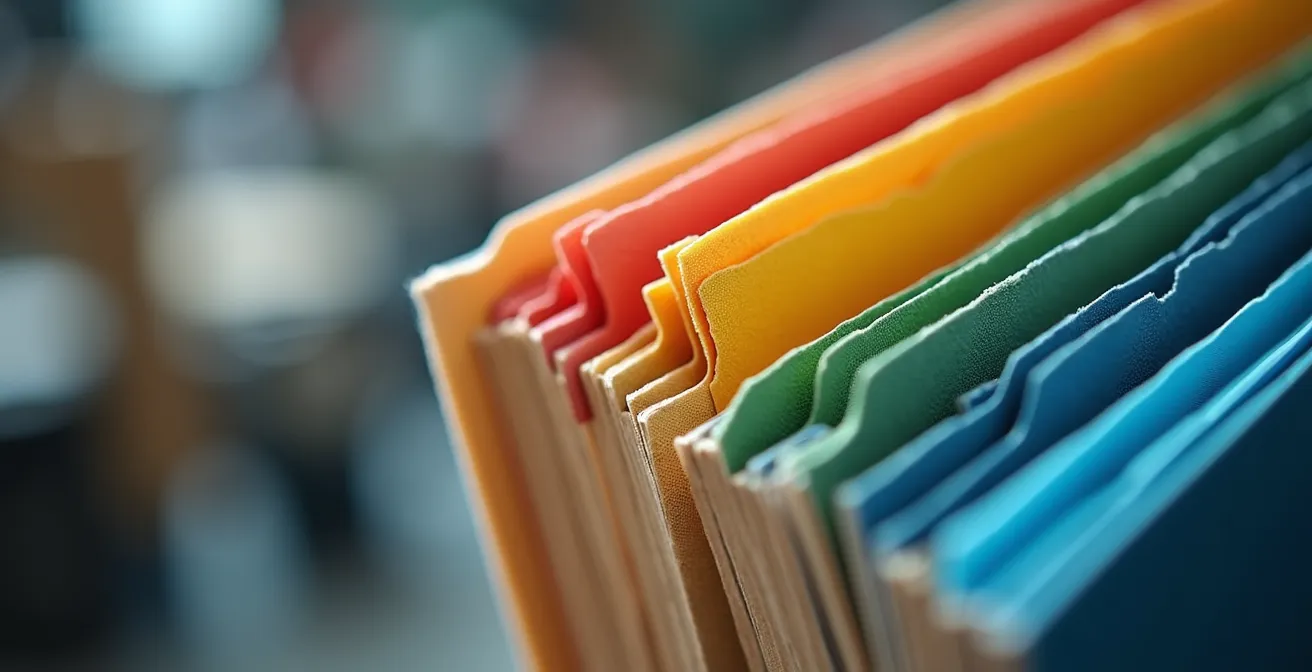 Vue macro d'onglets renforcés colorés sur la tranche d'un catalogue industriel