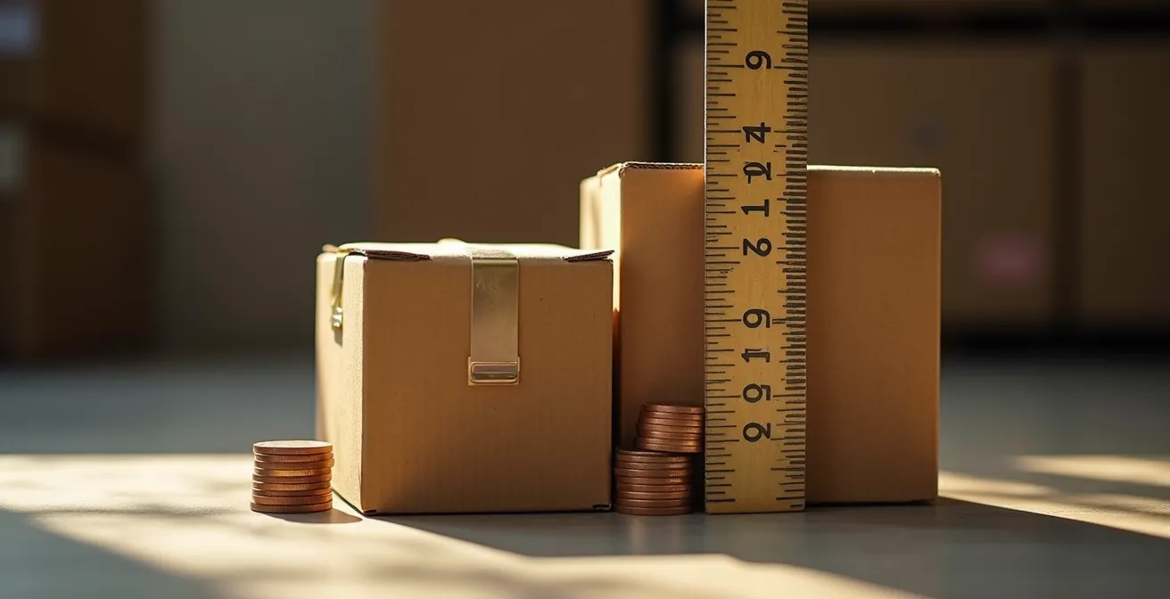 Composition montrant deux boîtes d'expédition côte à côte avec règle de mesure, illustrant la différence de hauteur critique