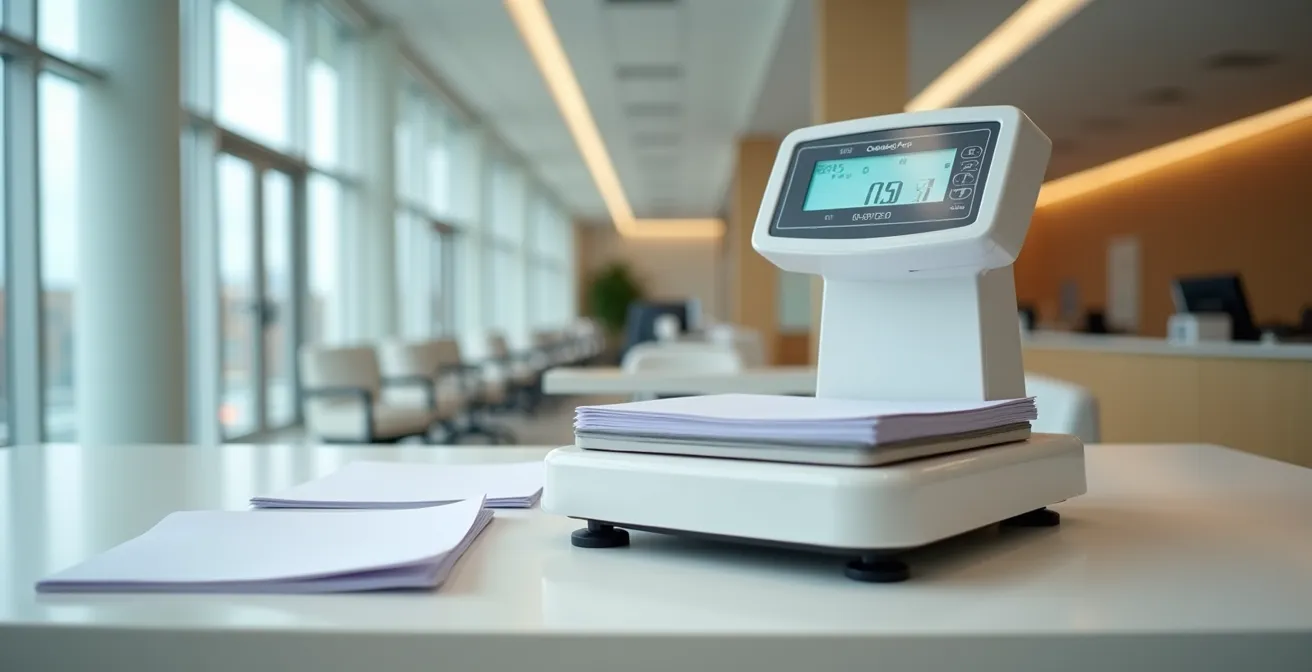 Balance postale professionnelle pesant différents échantillons de papier et rapports annuels dans un bureau de poste