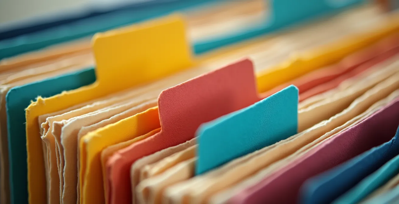 Vue macro d'une structure de dossiers organisée avec codes couleurs pour un projet graphique