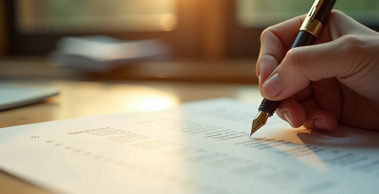 Main annotant un document sur papier offset non-couché avec un stylo plume dans un bureau québécois