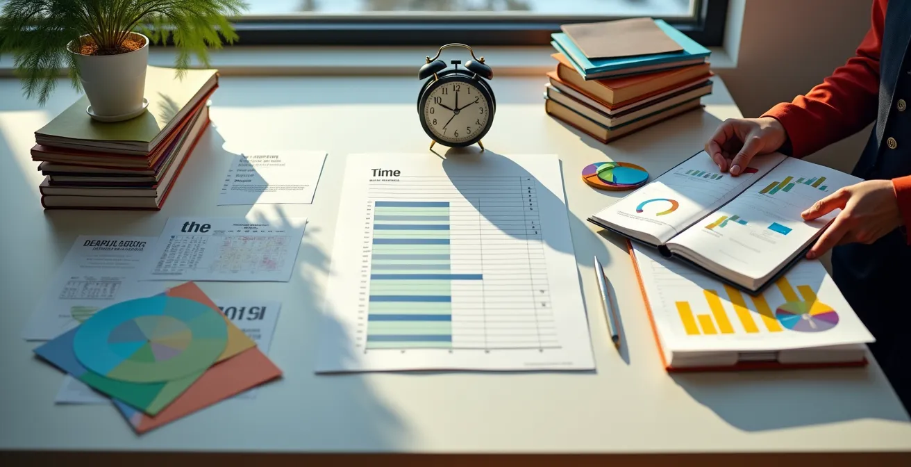 Vue aérienne d'un bureau avec calendrier, échantillons de papier et outils de planification marketing