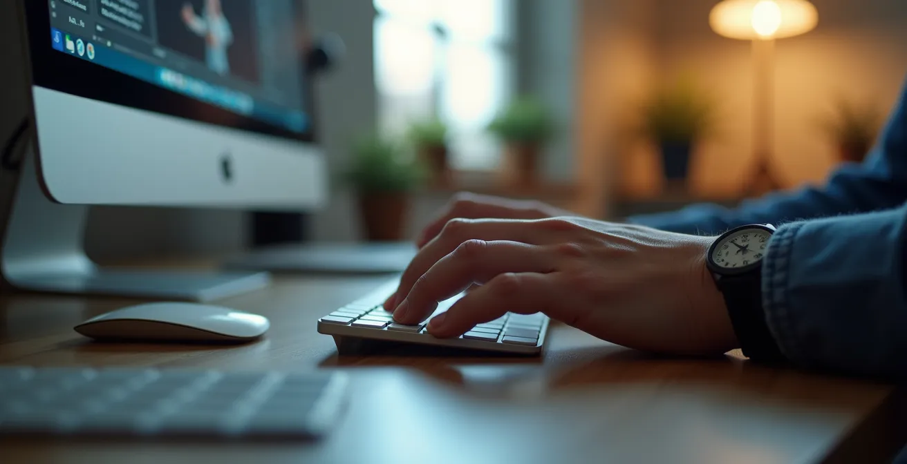 Gros plan sur un écran d'ordinateur montrant un logiciel de design graphique avec préparation de fichier