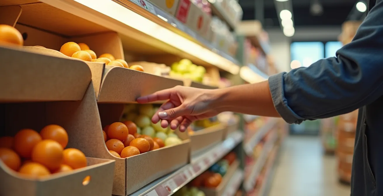 Présentoir en carton dans une allée d'épicerie avec produits locaux arrangés de manière attrayante
