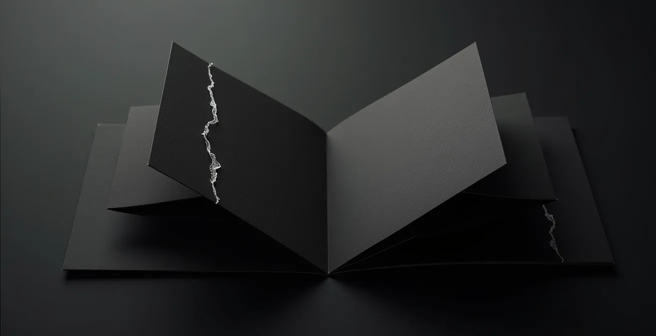 Comparaison avant-après d'un pli sur carton noir montrant la différence entre rainage profond et absence de rainage