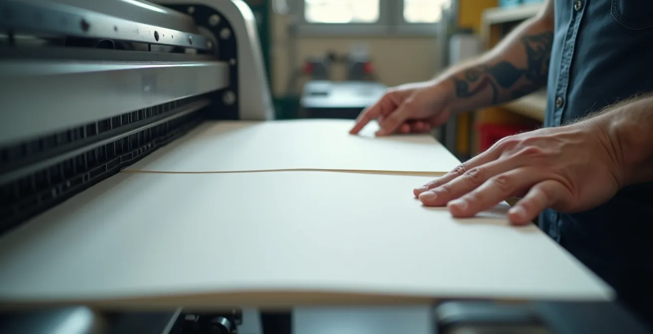 Vue rapprochée d'un équipement de rainage professionnel travaillant sur papier épais