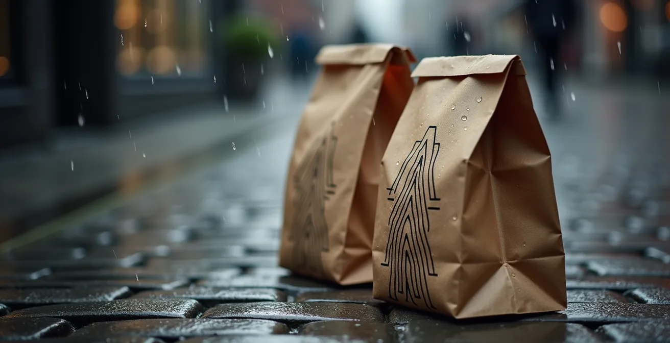 Sac en papier kraft avec design épuré sous la pluie montréalaise