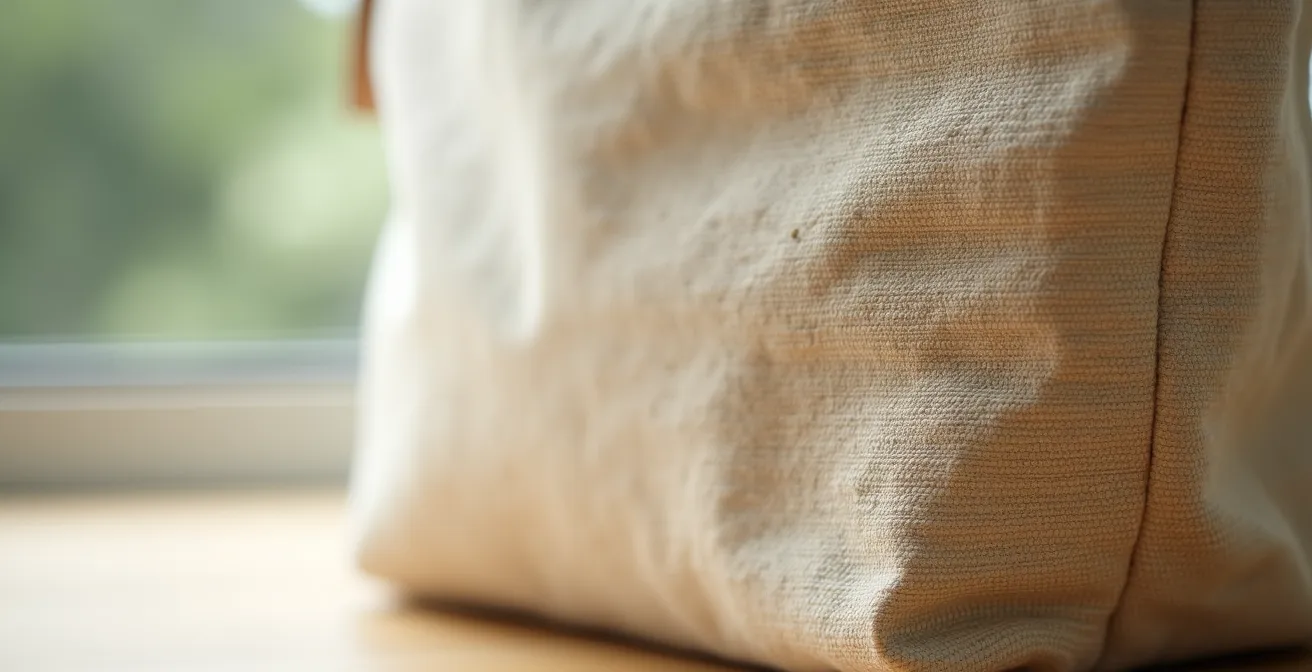 Gros plan macro sur le soufflet latéral d'un sac en toile montrant les textures et plis du tissu