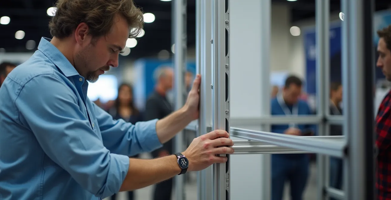 Stand d'exposition portable en cours d'assemblage dans un espace de congrès