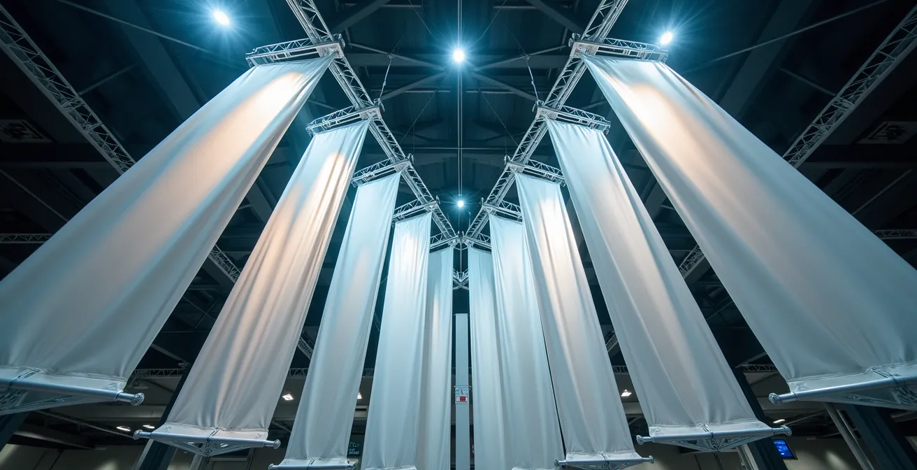 Vue en contre-plongée d'une structure suspendue avec bannières dans un centre de congrès