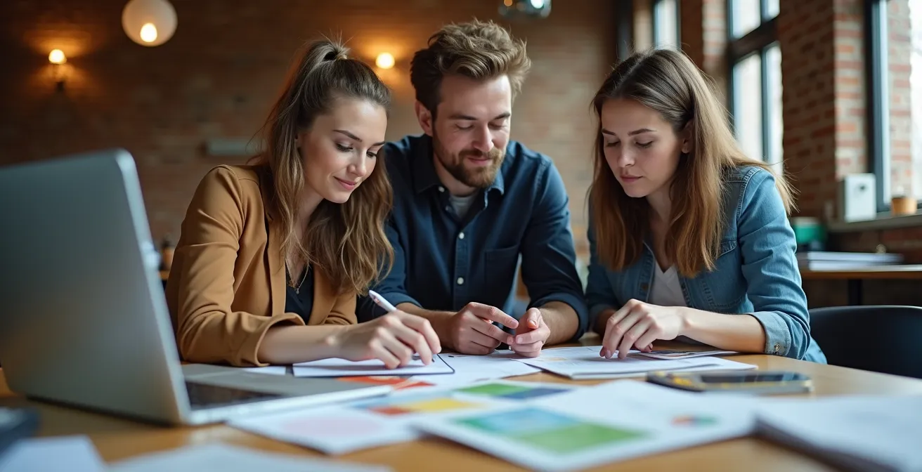 Trois professionnels collaborant autour d'une table de travail avec échantillons d'impression et ordinateur portable