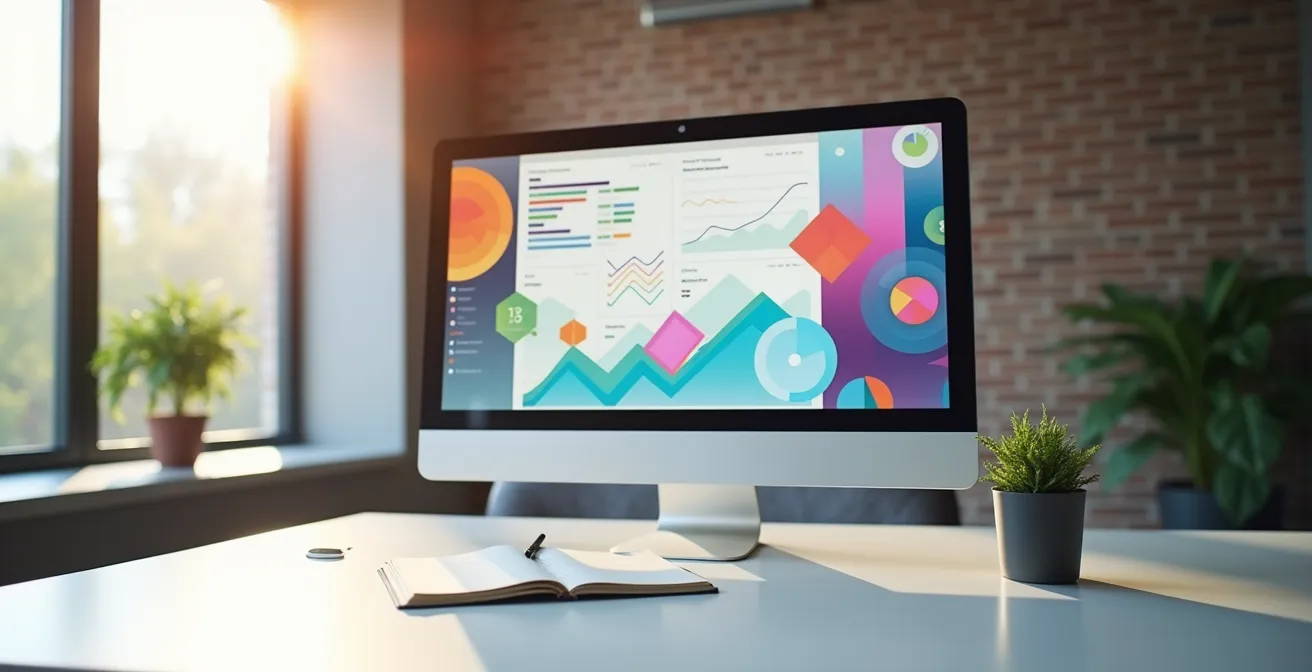 Écran d'ordinateur montrant des graphiques et statistiques de performance, vu de côté avec reflets subtils