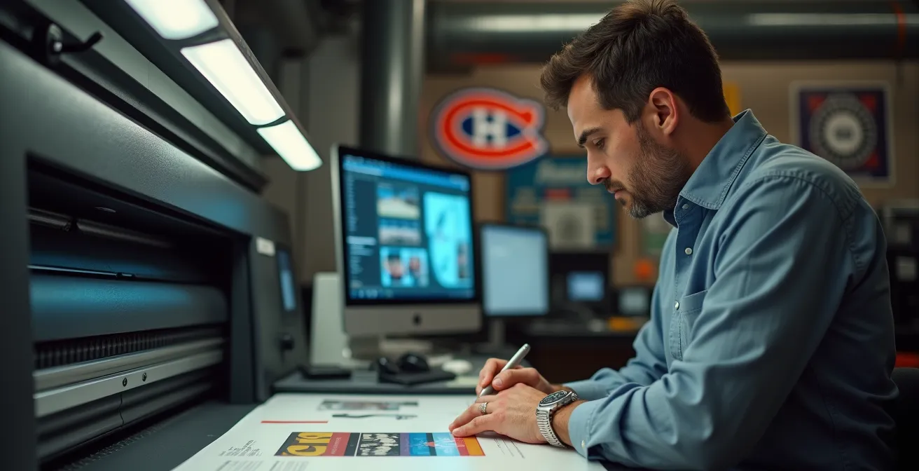 Technicien pré-presse examinant une épreuve contractuelle avec attention dans un environnement d'imprimerie moderne