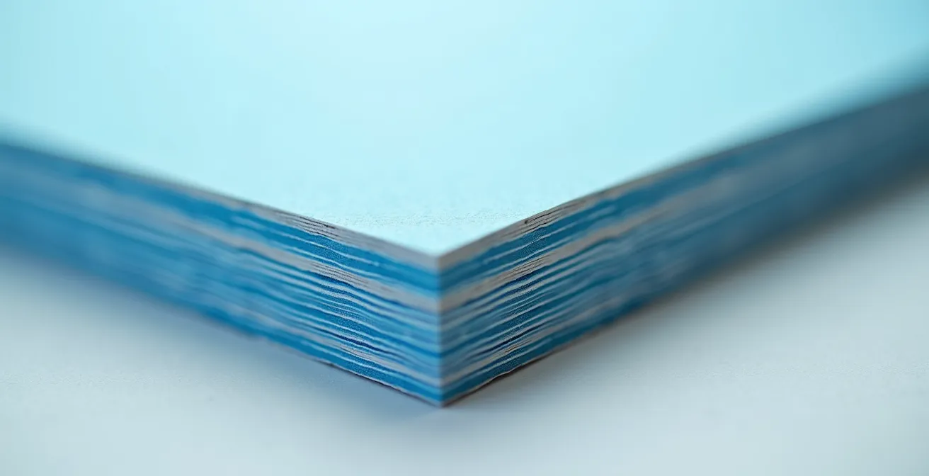 Gros plan sur la tranche colorée d'un carton contrecollé bleu et blanc