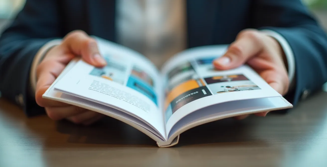 Gros plan sur une main tenant une brochure avec une pochette transparente intégrée sur la troisième de couverture