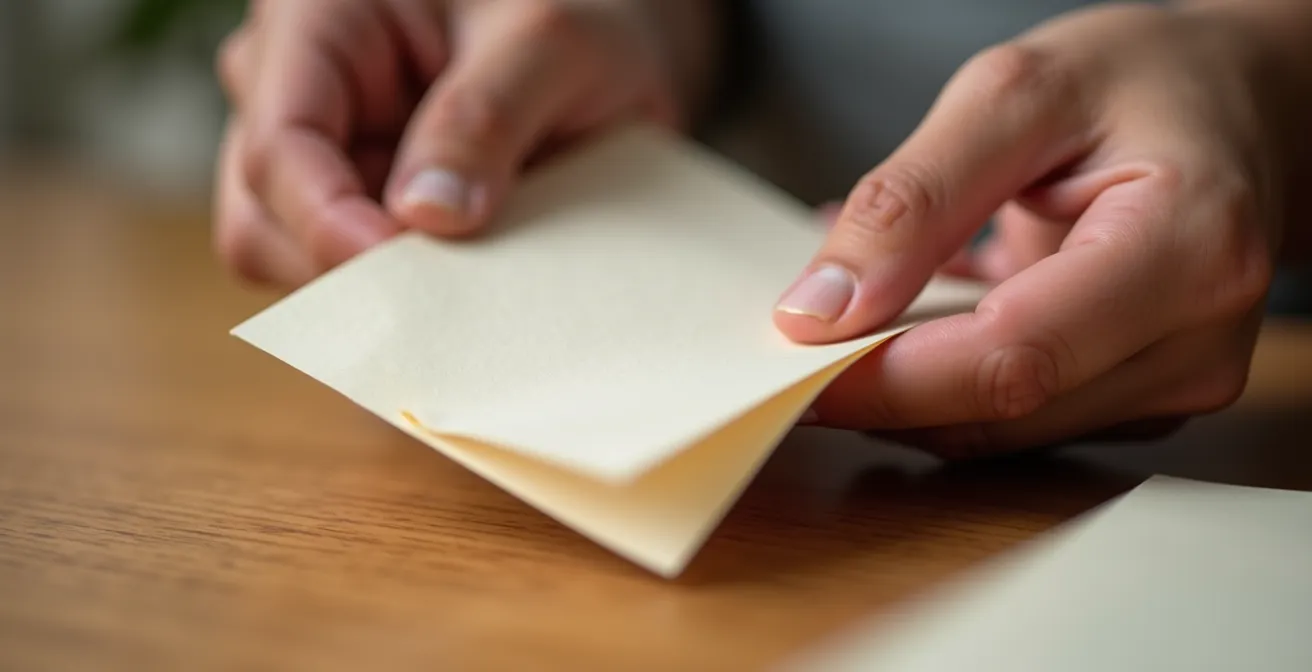 Gros plan sur des mains manipulant différents types de dépliants pliés sur une surface de bois naturel