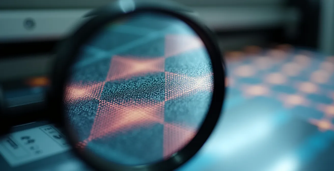 Gros plan sur une loupe examinant des échantillons d'impression avec détails de trame et de couleurs