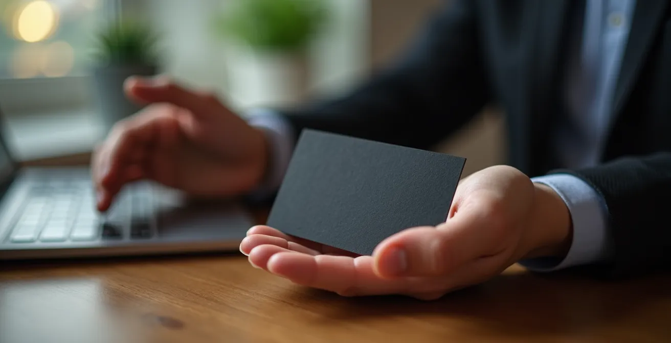 Carte de visite noire avec vernis sélectif brillant créant un jeu de lumière sur le logo