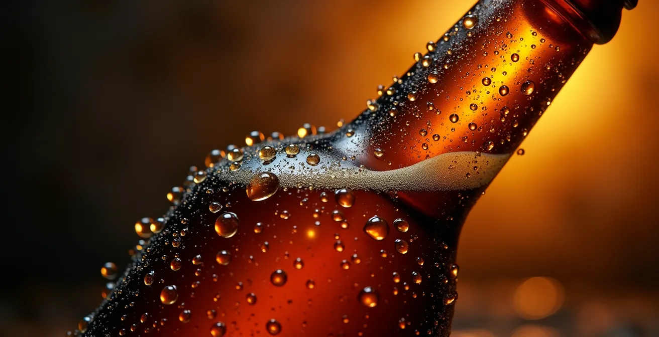 Gros plan macro sur des gouttes d'eau perlant sur une bouteille de bière artisanale québécoise avec effet de vernis UV brillant