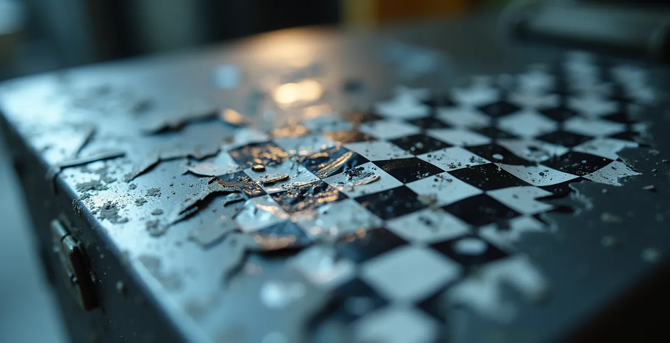 Détail macro d'un vinyle destructible fragmenté en motif damier après tentative de retrait